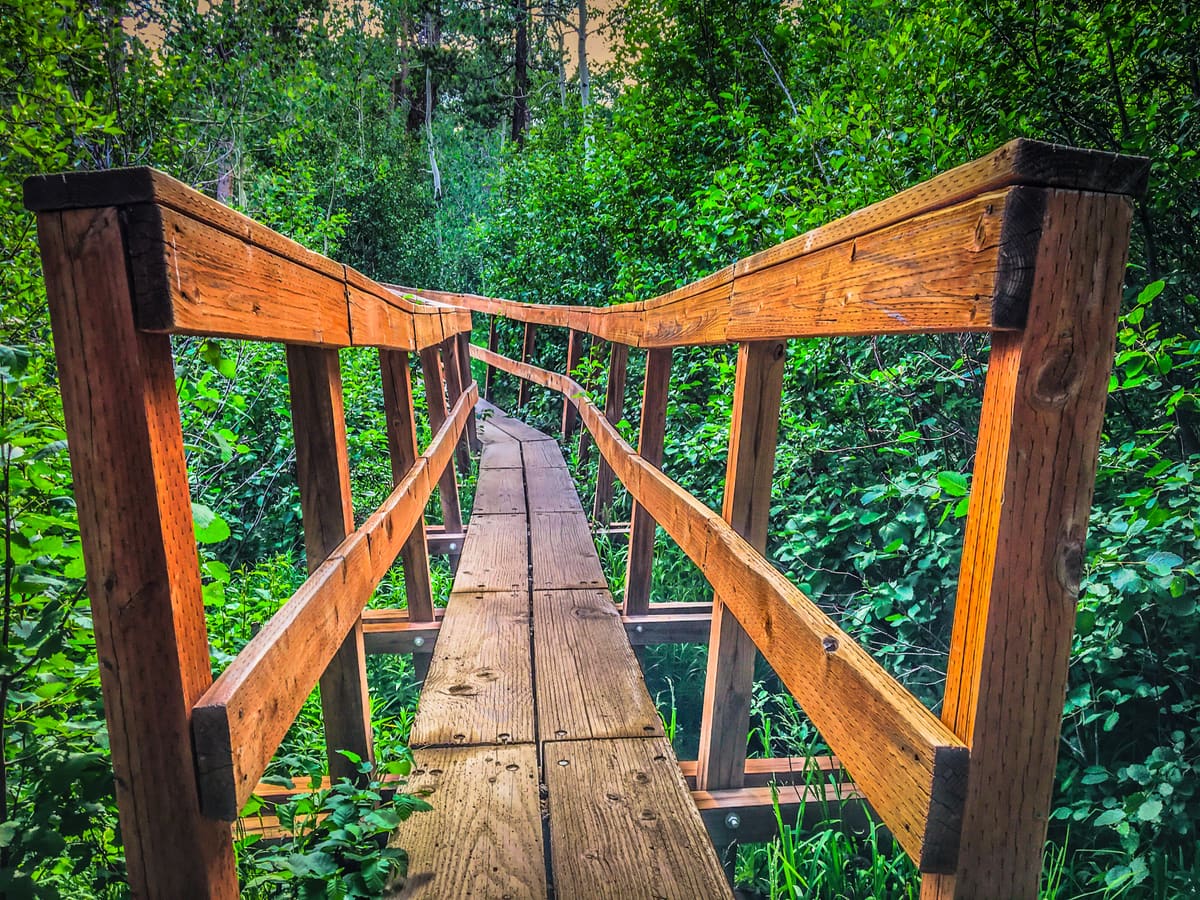 Across a wooden bridge