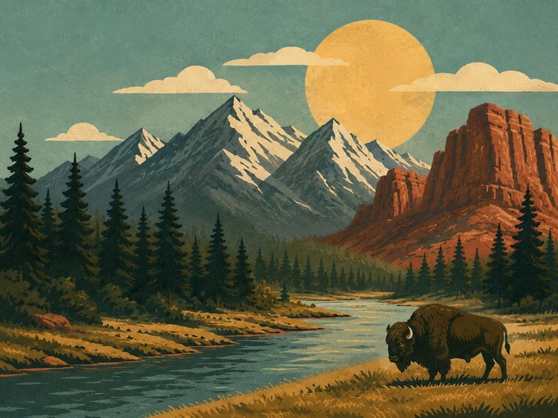 Grand Teton Mountains and Bison