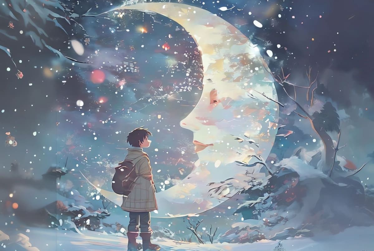 boy looking at the crescent moon